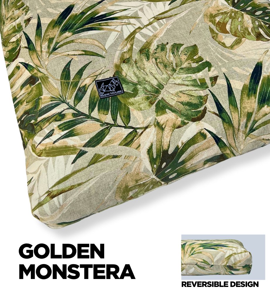 The Muttress Dog Bed in Golden Monstera